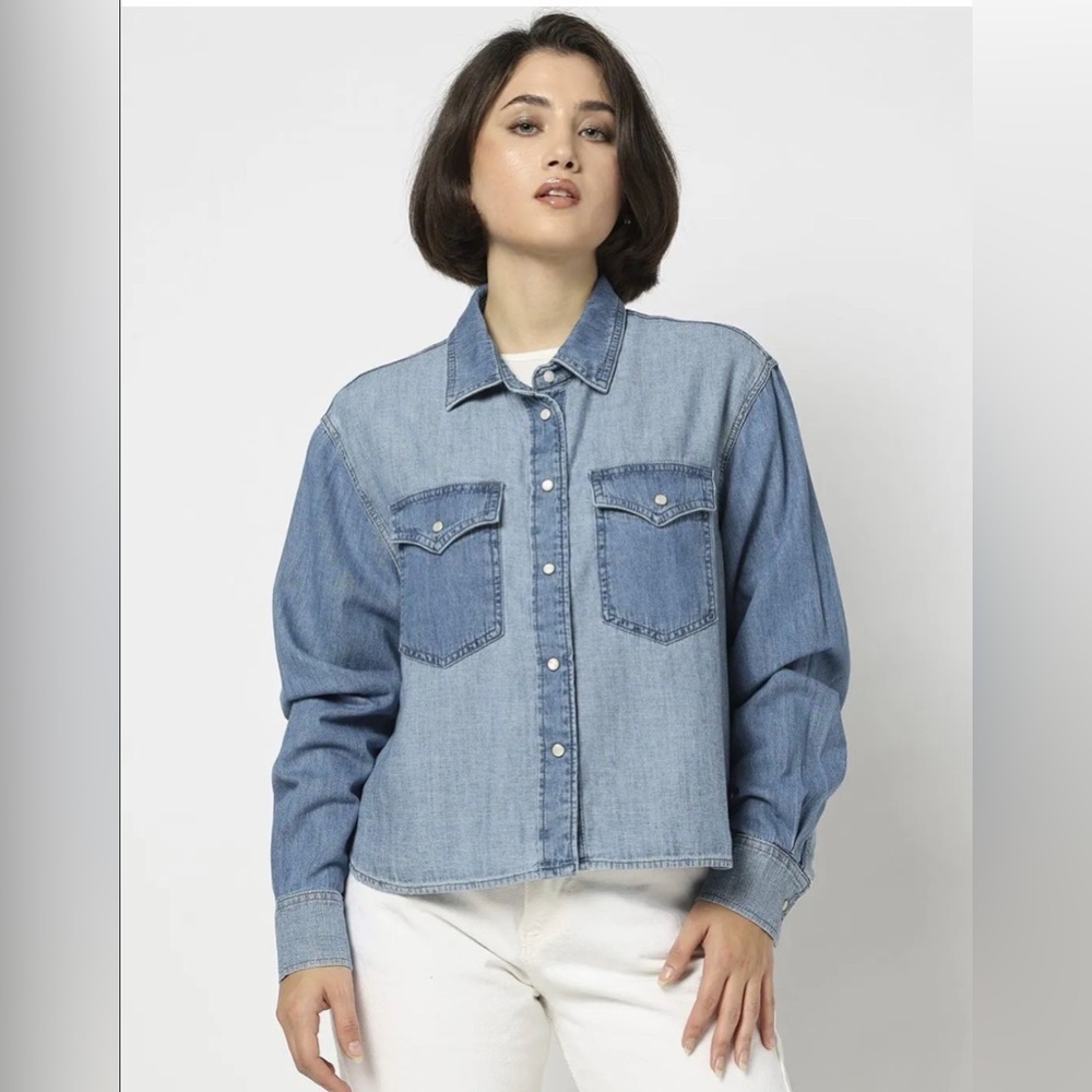 Gap Panel Denim Patchwork Western Rodeo Cropped Pearl Snap Shirt Top NWT S
